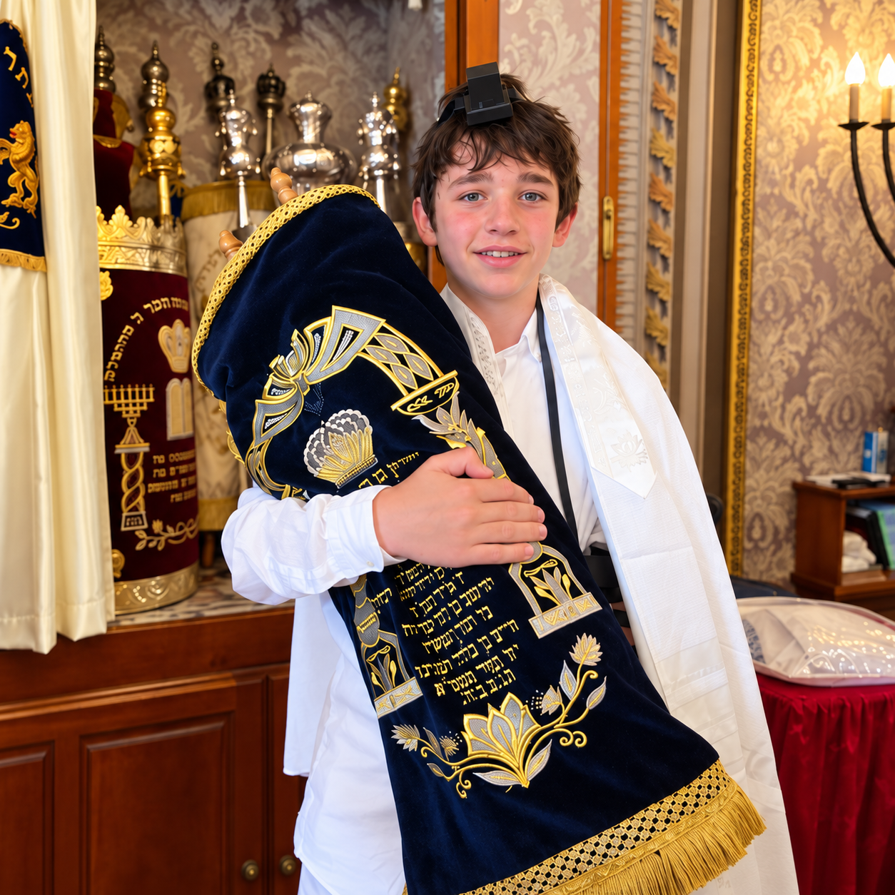 Jeune Bar Mitzva portant un Sefer Torah devant l’arche de la synagogue de Béziers