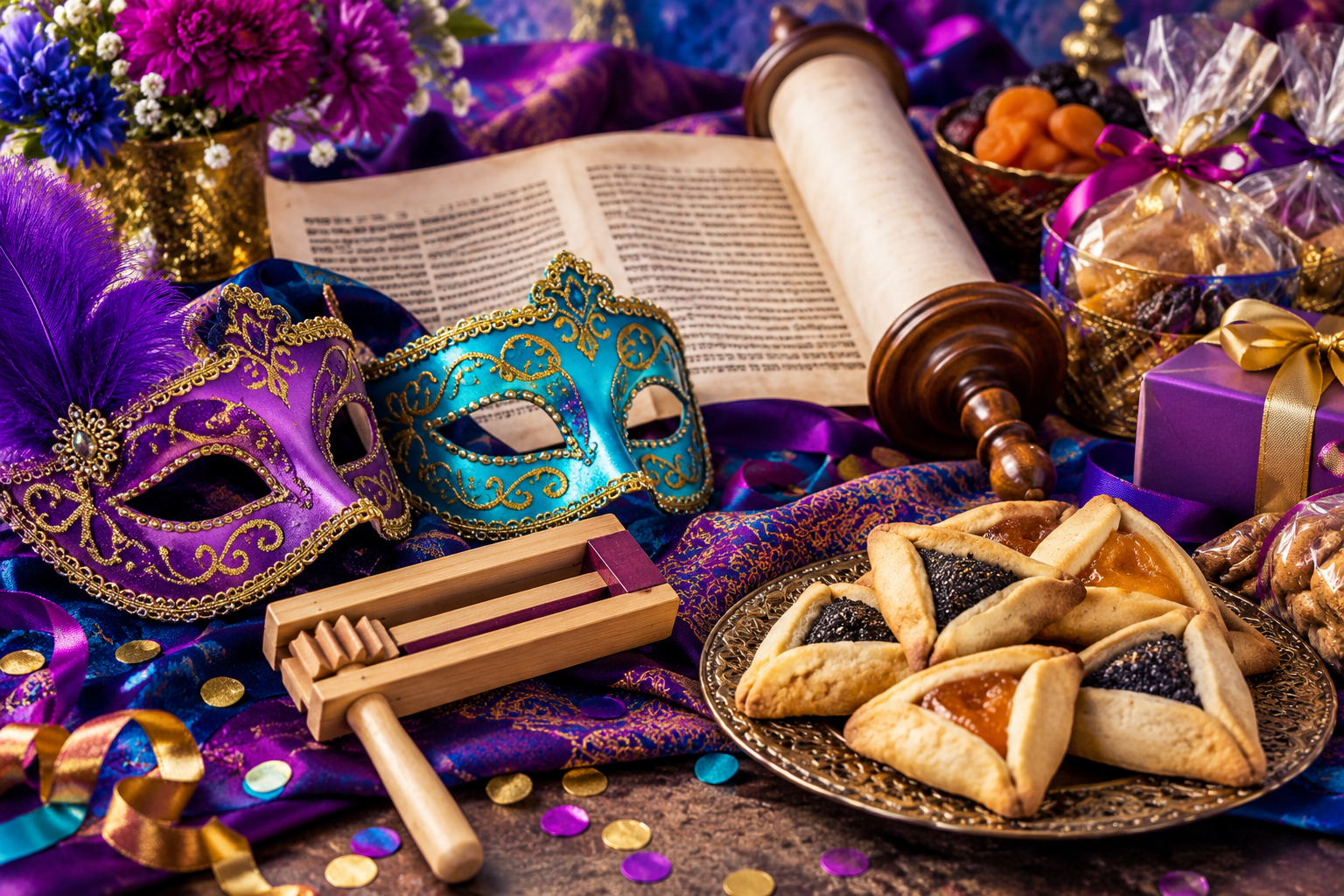 Masques colorés, Méguila, crécelle et cadeaux de Pourim