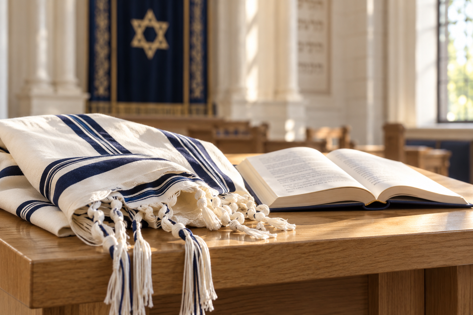 Talith blanc et bleu et livre de prières pour Yom Kippour